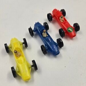 Vintage Plastic Race Car Toy Set 3 Red Blue Yellow Open Wheel Driver Figures 2"